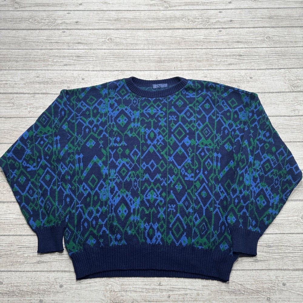 Vintage 90s Grandpa Sweater Men's XL Navy Blue Geometric Crewneck Pullover Retro
